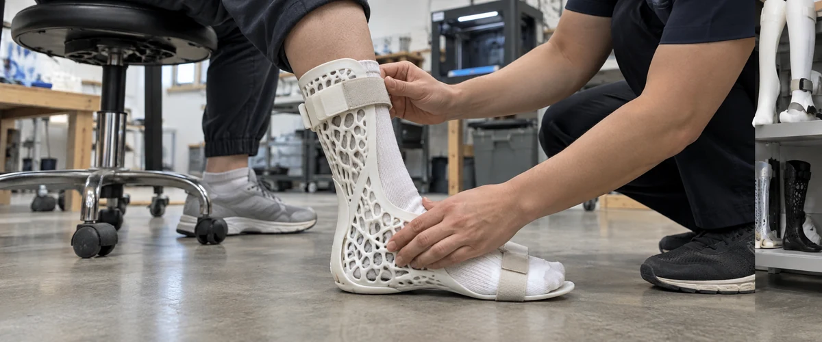 3D프린팅한 격자형 발목 보조기의 가장자리와 스트랩을 확인하는 작업