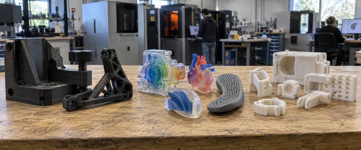 FDM 기능 부품과 PolyJet 투명·연질 시제품, SAF 나일론 부품을 한 작업대에 놓고 비교한 모습