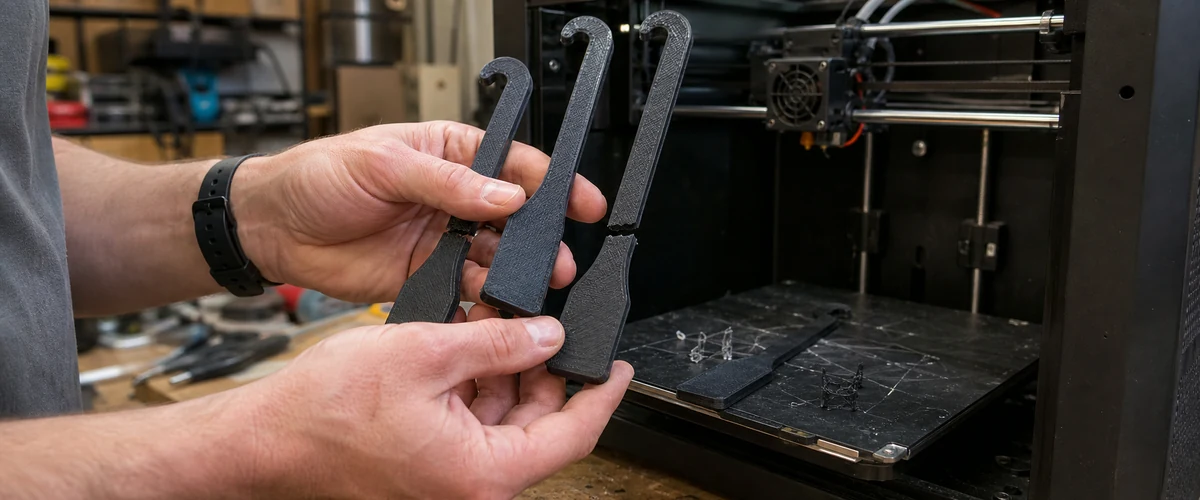 서로 다른 방향으로 출력한 고리 시편의 파손 위치를 확인하는 모습