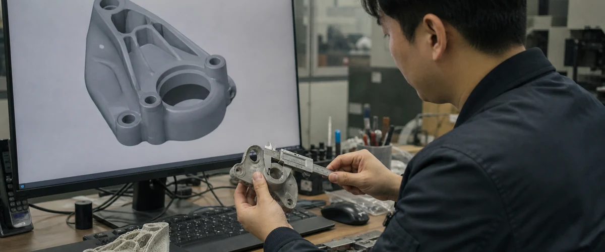 CAD 파일과 실제 부품의 필수 치수를 함께 검토하는 모습